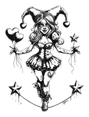 Obraz premium Elegant Hand-Drawn Jester with Balloons, Stars, and a Playful Pose