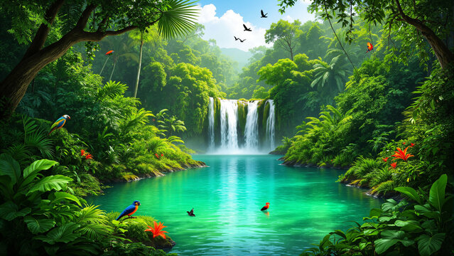 s a lush green forest with a waterfall in the middle. There are trees
