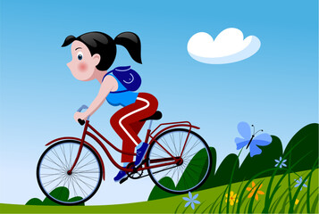 A funny girl in sportswear rides a red bicycle among a green summer landscape with decorative flowers and butterfly. Vector illustration in cartoon flat style