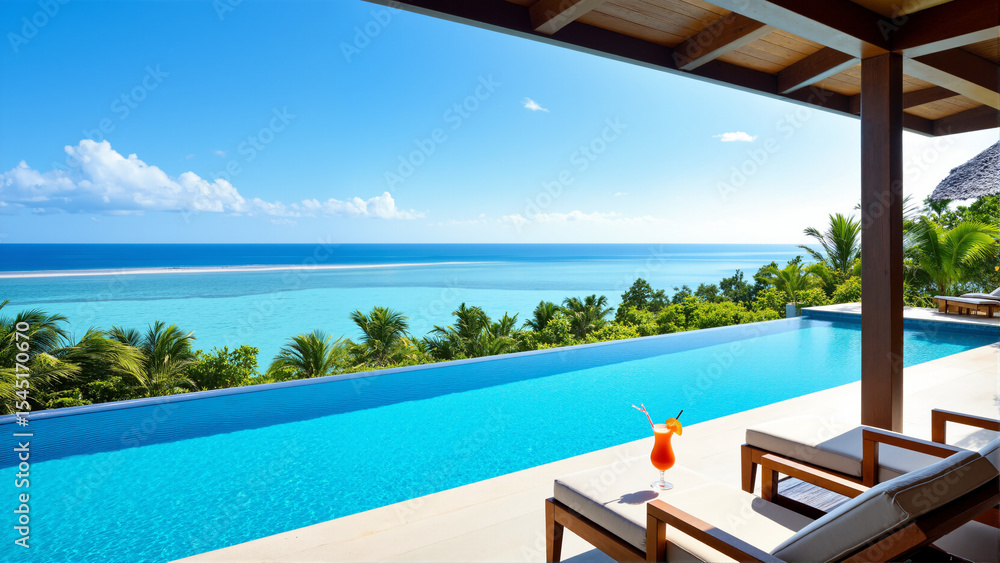 Poster s a swimming pool with lounge chairs and a view of the ocean. there is a glass with a drink on the t