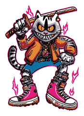 Fototapeta premium Fierce Cartoon Cat Character with Sword and Street Style Vibes in Bright Colors
