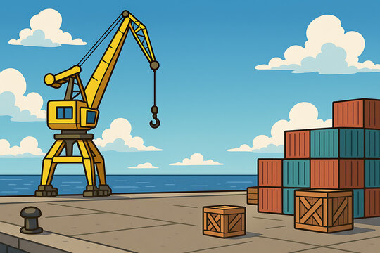 A container-lifting crane at the port is carrying out its task.