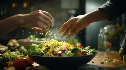 Close up roommates making salad