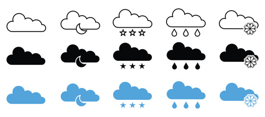 Weather Icons Set – Vector Collection of Forecast Symbols Including Sun, Clouds, Rain, Snow, Wind, and Moon, vector illustration.