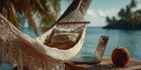 Tropical Digital Nomad Scene Featuring Hammock, Coconut, and Laptop Overlooking Calm Ocean