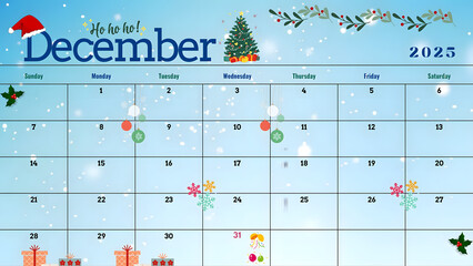 Calendar design 2 (celebration) themed around the winter festival of Christmas at the end of the month (print)