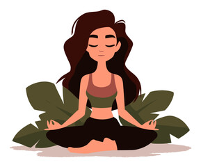 Obraz premium Cartoon Woman Meditating with Leaves in a Peaceful Environment