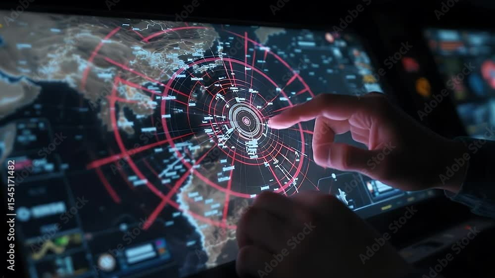 Poster digital touch: hands interacting with a detailed, high-tech display interface, revealing complex glo