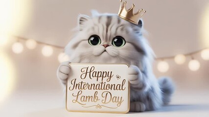 Fluffy White Cat with Golden Crown Holding Happy International Lamb Day Sign and String Lights creating Festive Ambiance - Powered by Adobe