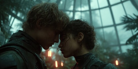 Emotional Close-Up of Curly-Haired Woman and Blond Man with Foreheads Together in Foggy Botanical Dome with Neon Glow