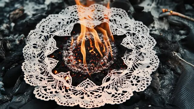 Lacy paper doily burning in a fire