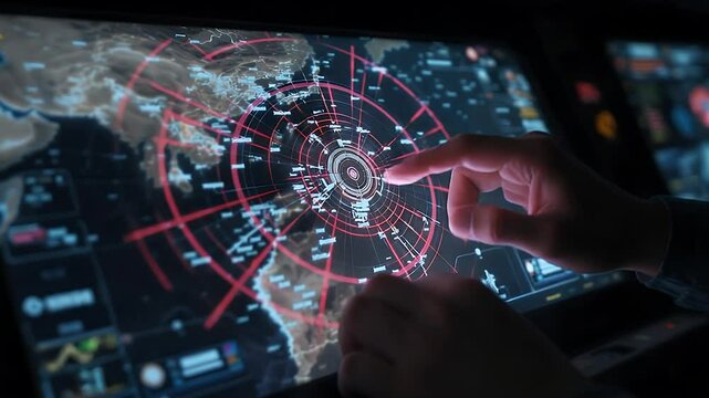 Digital Touch: Hands interacting with a detailed, high-tech display interface, revealing complex global data and networks, indicative of sophisticated technological analysis.