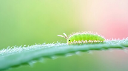 Fototapeta premium A Tiny Green Caterpillar Crawling On A Leaf In A Soft Green Garden