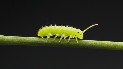 A close up of a springtail walking on a plant stem