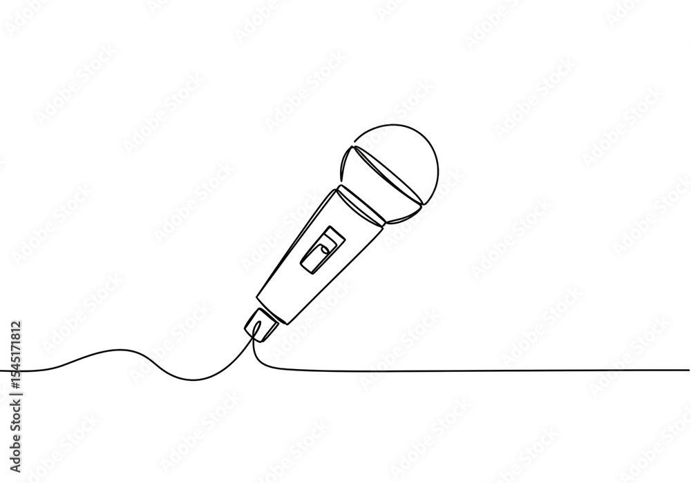 Poster single line drawing of a microphone with a cable on a white background in a minimalist style