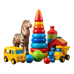 Colorful kids toys collection with blocks cars and giraffe figure isolated on transparent background