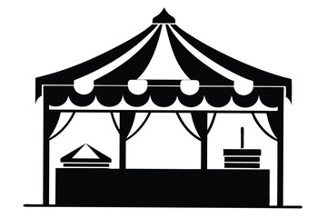Black and White Silhouette Illustration of a Tent Stall with Items on Display