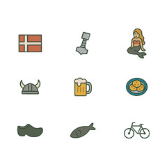 Naklejka premium Set of 9 Denmark icons, flag and national symbols. Simple cartoon style illustration.