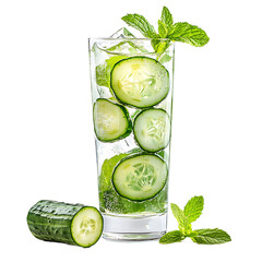 Refreshing Cucumber Mint Water in a Glass with Slices and Herbs