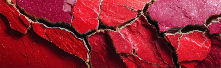Crimson stone slab with irregular cracked surface and broken segments