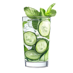 Refreshing Cucumber and Mint Water in a Glass with Ice Cubes