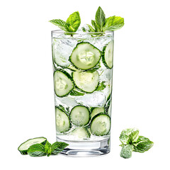 Refreshing Cucumber and Mint Infused Water in a Glass with Ice Cubes