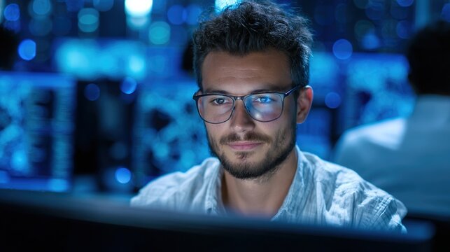Confident Male Data Scientist Works on Personal Computer in Big Infrastructure Control and Monitoring Room with Neural Network. Young Engineer in an Office Room with Colleagues. High quality