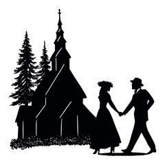 Elegant Silhouette of Couple Holding Hands Near Church with Pine Trees