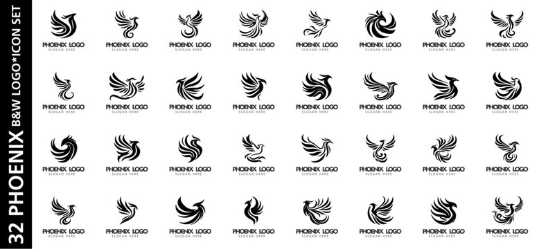 Collection of 32 phoenix logo designs in monochrome vector style. Abstract bird silhouettes, ideal for branding, identity, and mythical themes.