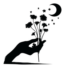 Elegant Silhouette of Hand Holding Flowers with Moon and Stars Design