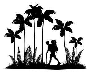 Majestic Silhouette of a Hiker Surrounded by Tropical Palm Trees and Ferns