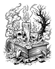 Hand-Drawn Illustration of a Mysterious Book with Skulls and Smoke