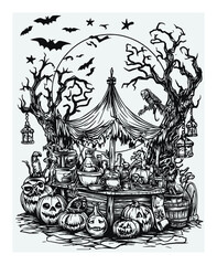Hand-Drawn Halloween Scene with Spooky Elements and Enchanted Atmosphere