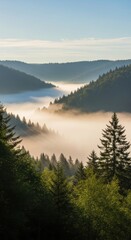 Obraz premium Misty morning landscape with sunlit forested hills and valley fog
