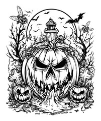 Spooky Halloween Scene with Hand-Drawn Pumpkin and Eerie Background Elements