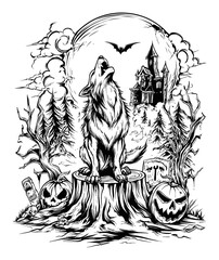 Hand-Drawn Wolf Howling at Moon with Halloween Elements in a Dark Scene