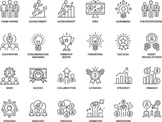 Professional Business and Teamwork Icons Featuring Collaboration, Achievement, and Strategic Success