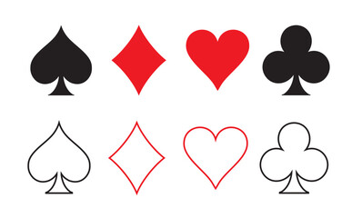 Symbols of playing cards. Spades, clubs, hearts, diamonds isolated on a white background. Vector illustration