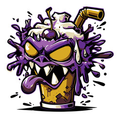 Illustrative Cartoon Monster Drink Cup with Cherry and Suspenseful Design