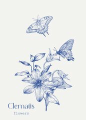 Obraz na płótnie Canvas Clematis flowers bouquet and butterflies. Toile art Vector vintage template, blue beige. Hand drawn elements. Elegante illustration for design greeting card, wedding decor, invitation, gift