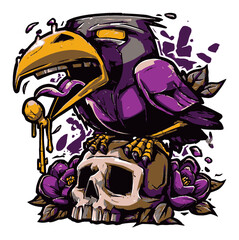 Bold Vector Illustration of Raven with Skulls and Flowers in Edgy Design