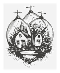 Intricate Hand-Drawn Houses Surrounded by Nature and Decorative Elements