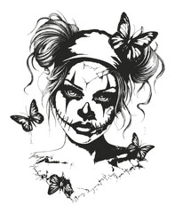 Hand-drawn Portrait of a Scarecrow Girl with Butterflies and Cracked Skin
