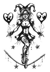 Elegant Jester with Heart Balloons in Hand-Drawn Black and White Illustration
