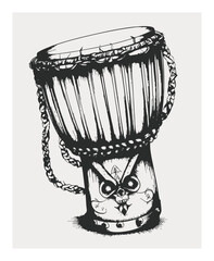 Unique Hand-Drawn Drum Illustration with Artistic Details and Skull Design