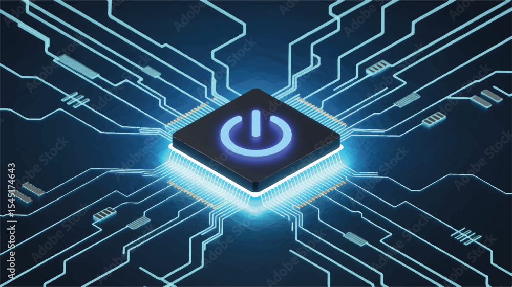 Poster digital power button on circuit board high-tech illustration