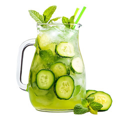 Refreshing Cucumber Mint Drink in a Glass Pitcher with Ice and Slices