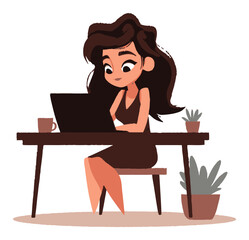 Cartoon Illustration of a Woman Working on Laptop at a Desk