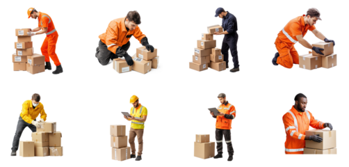 Collection of logistics employee preparing packages for dispatch with a label and barcode visible. full length isolate on transparent background