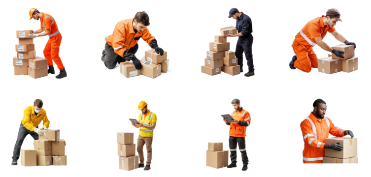 Collection of logistics employee preparing packages for dispatch with a label and barcode visible. full length isolate on transparent background
